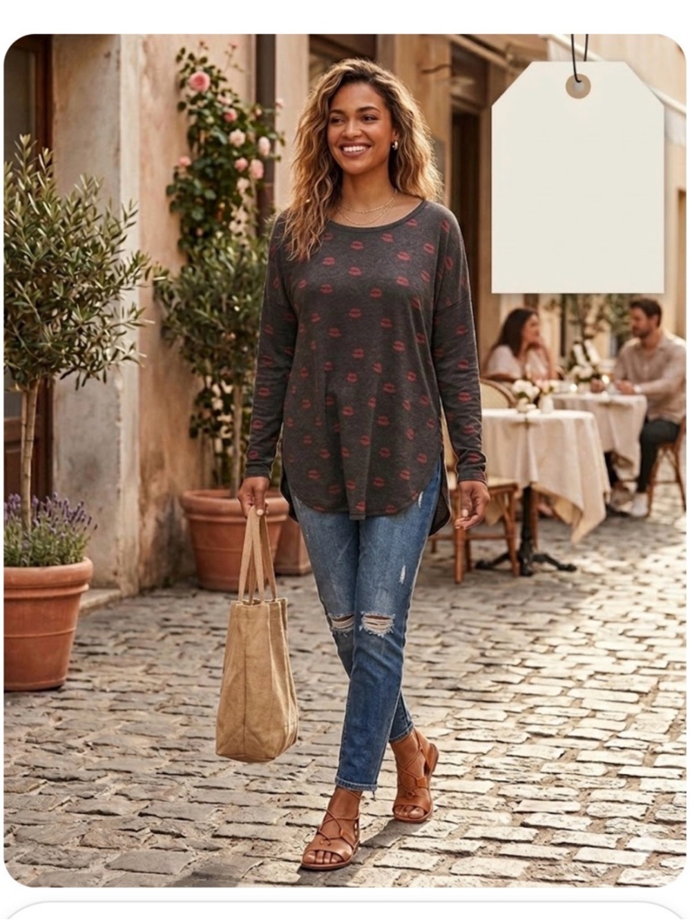 Junk Food Clothing Charcoal Long-Sleeve Tee with Pink Kiss Print